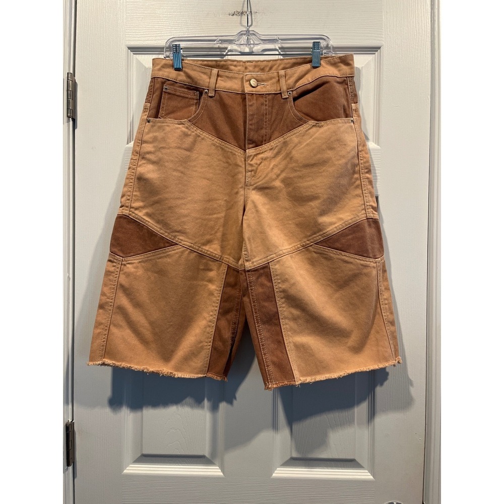 BDG Skater Shorts Girls 28 Brown Tan Colorblock Paneled Raw Hem Canvas Wide Leg